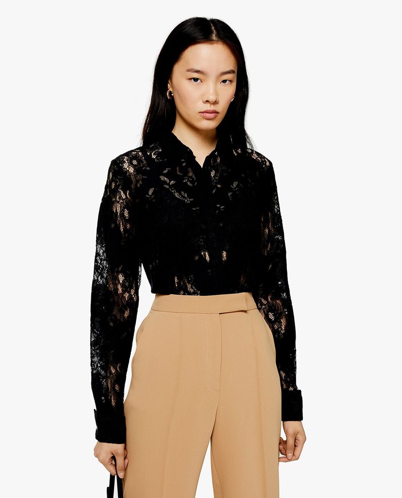 TOPSHOP - Áo sơ mi nữ tay dài Black Burnout Lace