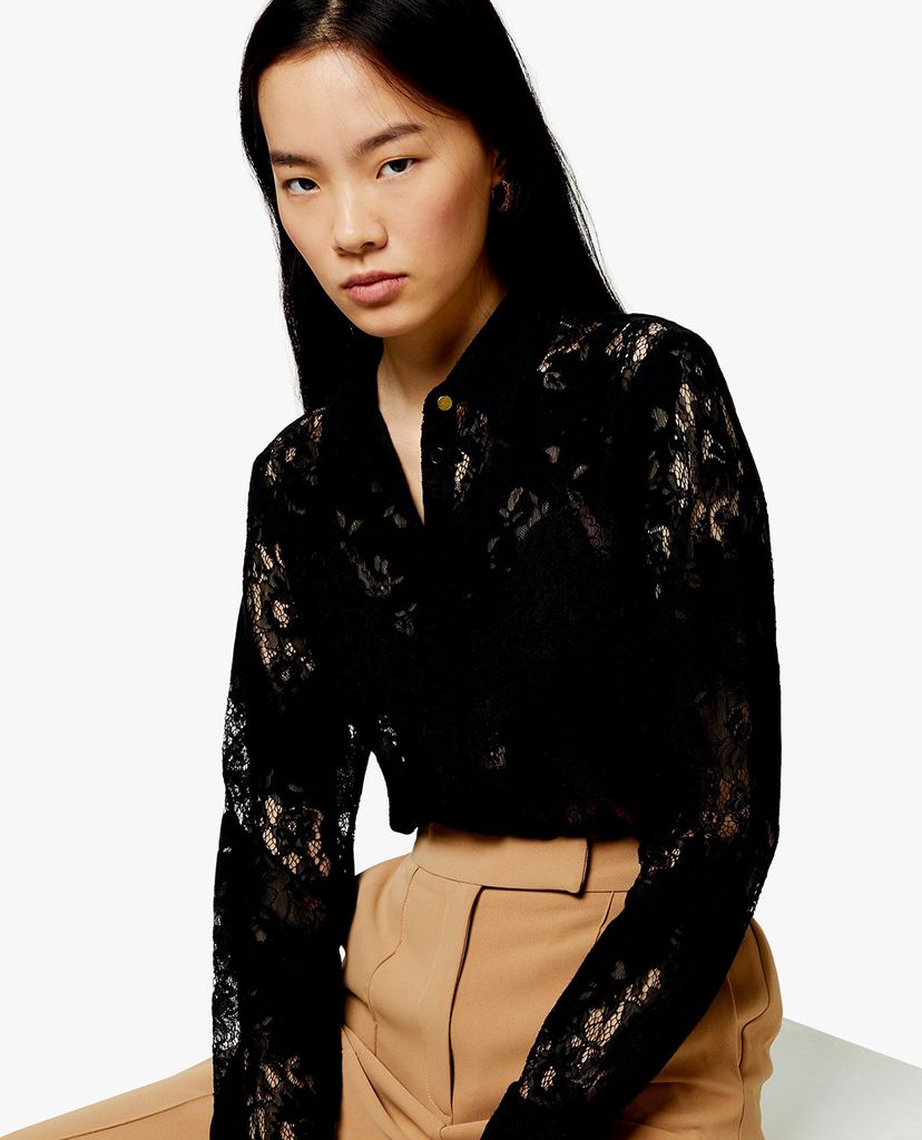 TOPSHOP - Áo sơ mi nữ tay dài Black Burnout Lace
