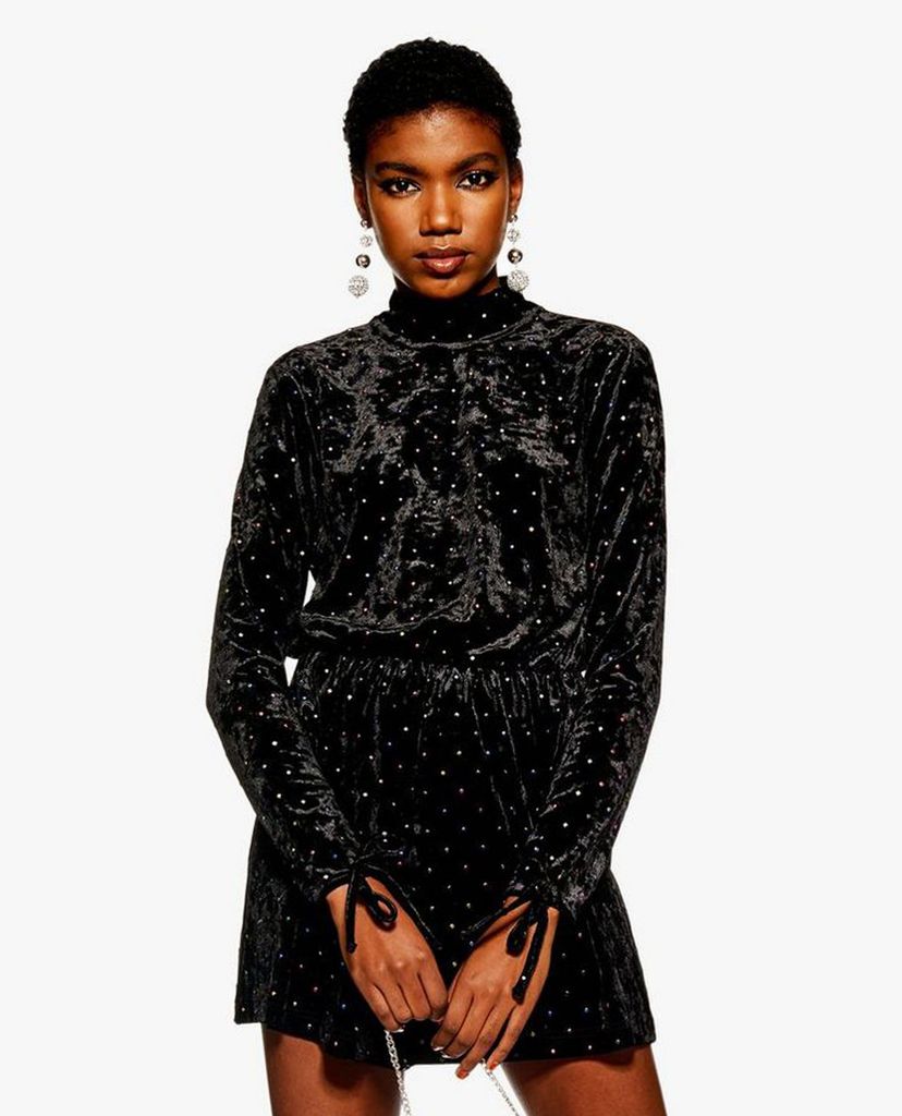 TOPSHOP - Playsuits nữ cổ lọ tay dài High Neck Spot Velvet