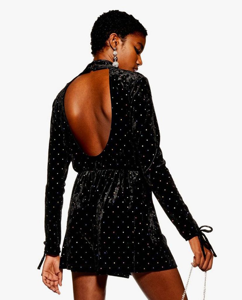TOPSHOP - Playsuits nữ cổ lọ tay dài High Neck Spot Velvet