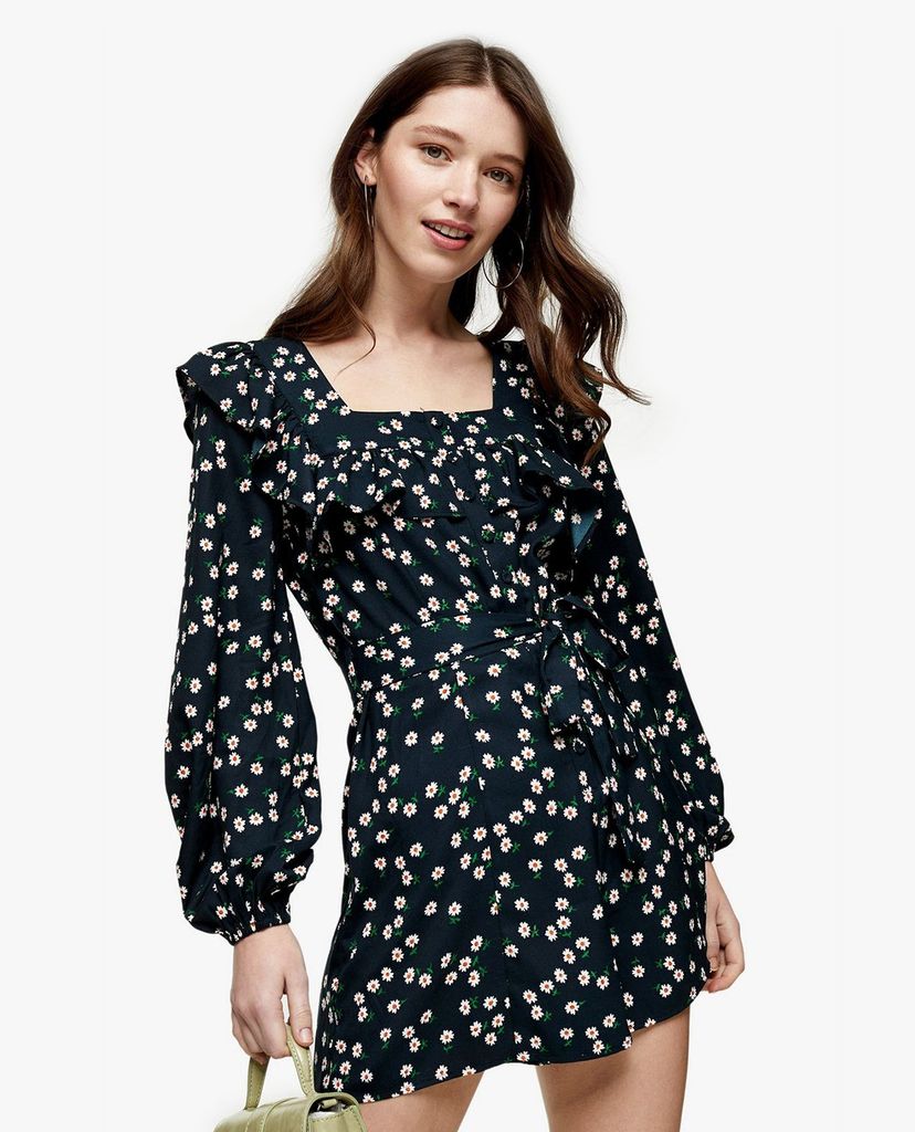 TOPSHOP - Playsuit tay dài cổ vuông Black Daisy Print Ruffle