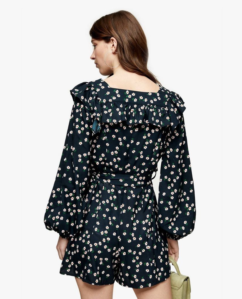 TOPSHOP - Playsuit tay dài cổ vuông Black Daisy Print Ruffle