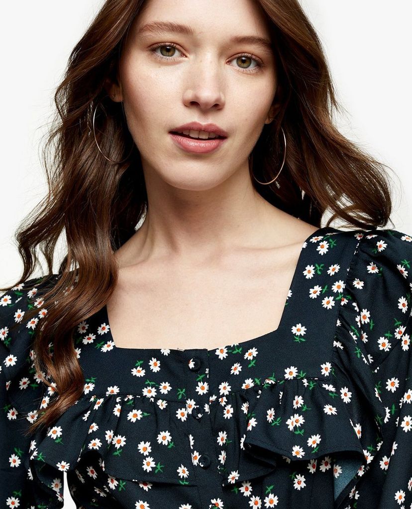 TOPSHOP - Playsuit tay dài cổ vuông Black Daisy Print Ruffle