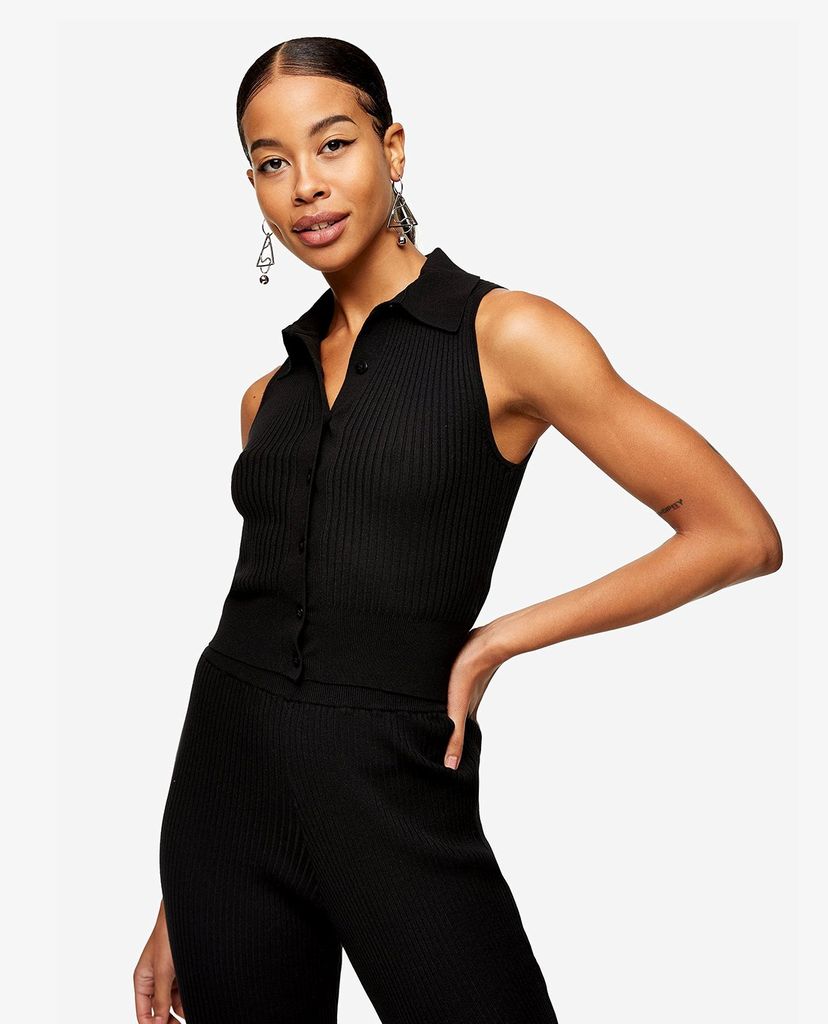 TOPSHOP - Áo polo nữ sát nách Black Knitted Button