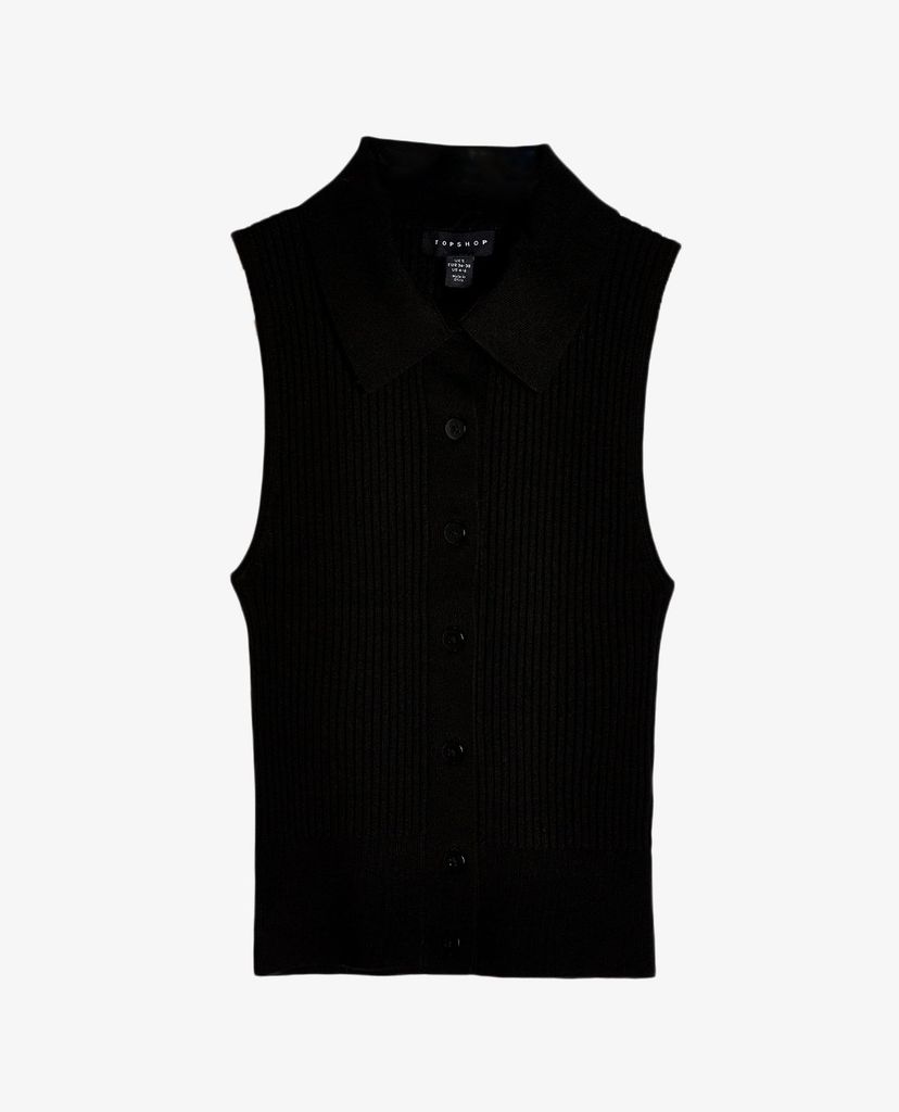 TOPSHOP - Áo polo nữ sát nách Black Knitted Button