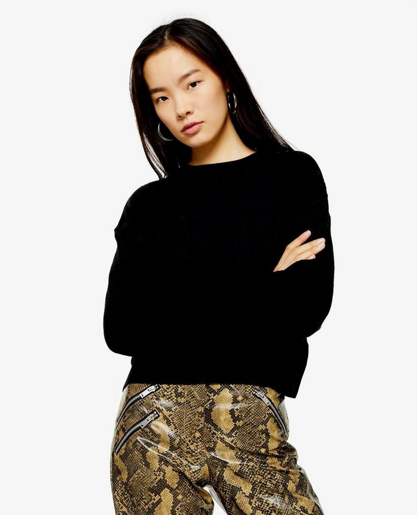 TOPSHOP - Áo len nữ cổ tròn tay dài Black Boxy Wide Ribbed