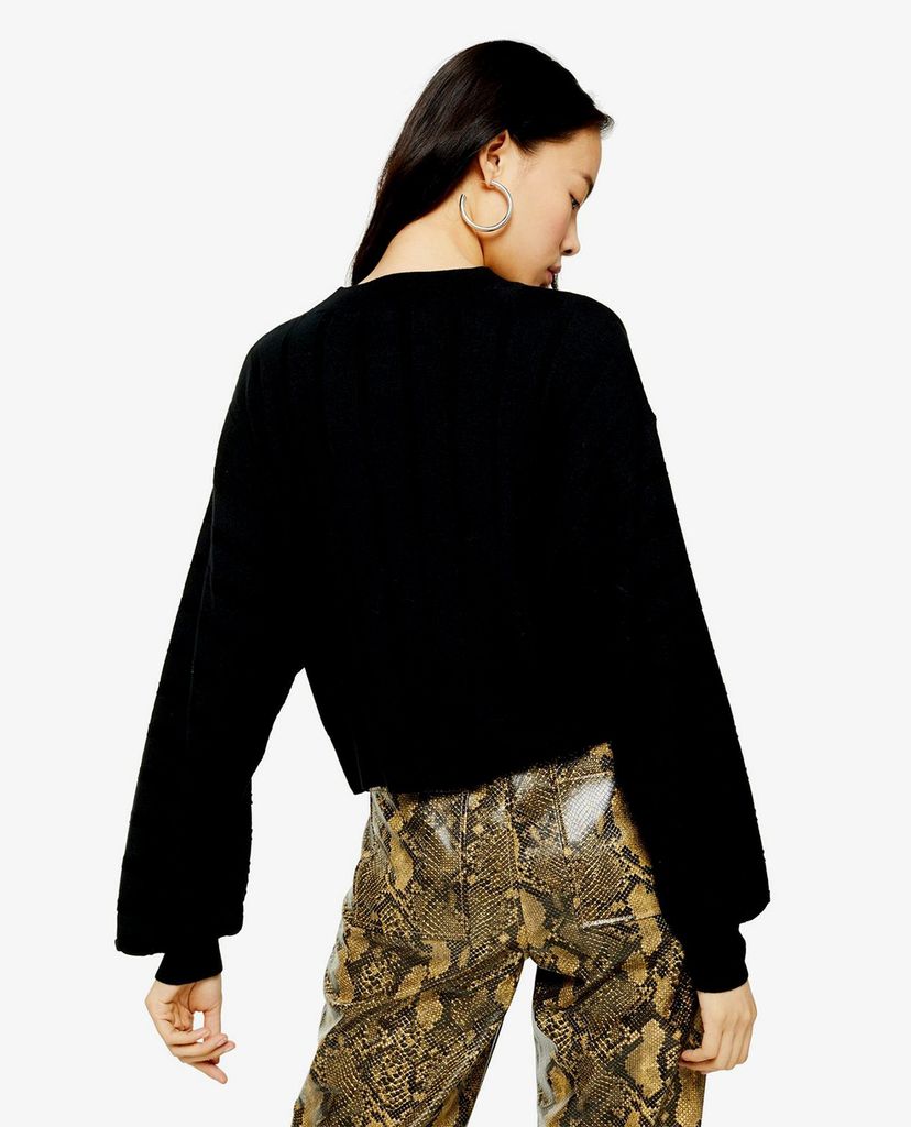 TOPSHOP - Áo len nữ cổ tròn tay dài Black Boxy Wide Ribbed