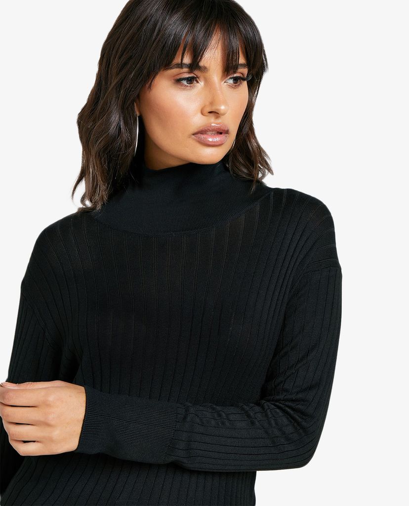 TOPSHOP - Áo len nữ cổ lọ tay dài Black Boxy Funnel Knitted