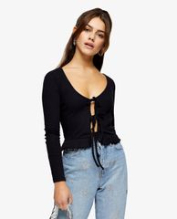 TOPSHOP - Áo cardigan nữ tay dài phối dây PETITE Black Lace Up