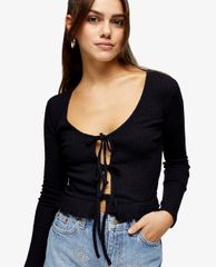 TOPSHOP - Áo cardigan nữ tay dài phối dây PETITE Black Lace Up