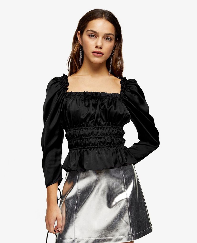 TOPSHOP - Áo kiểu nữ cổ vuông tay dài PETITE Black Satin Gather Prairie