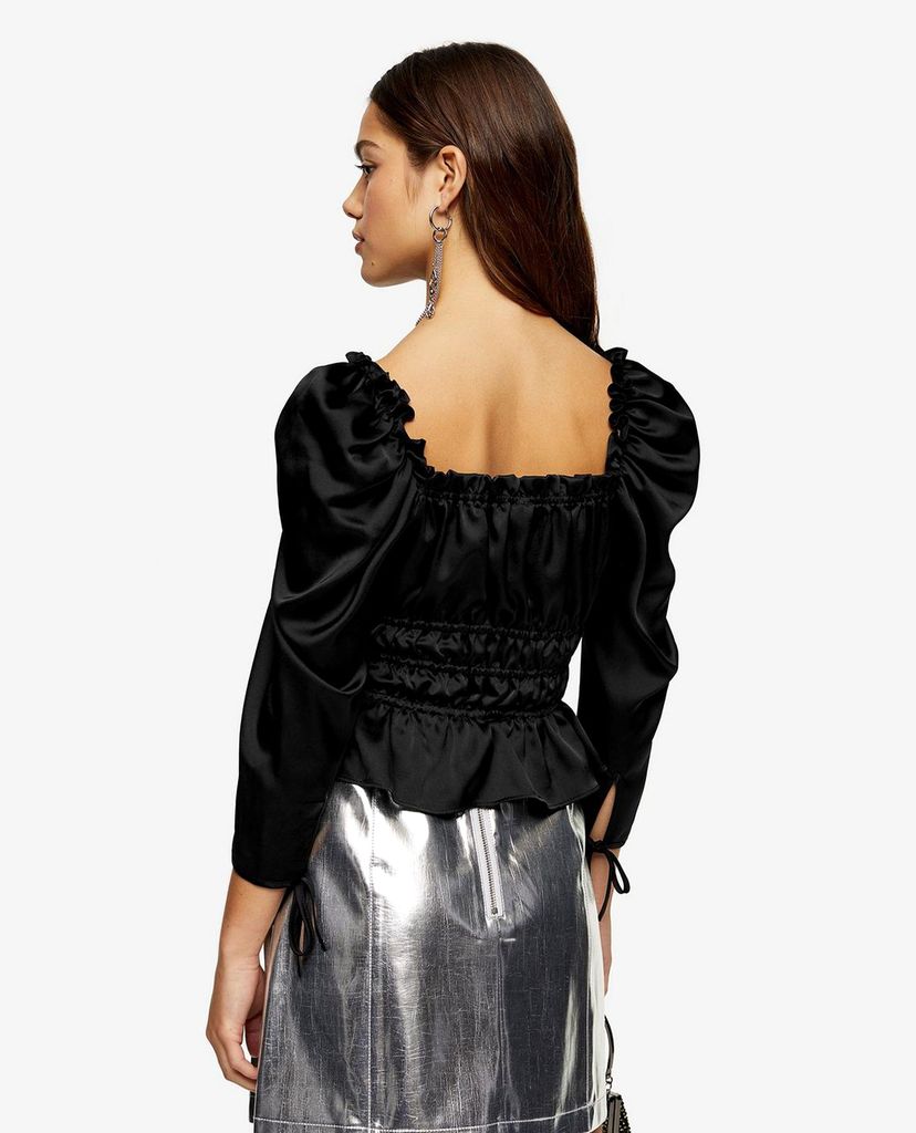TOPSHOP - Áo kiểu nữ cổ vuông tay dài PETITE Black Satin Gather Prairie