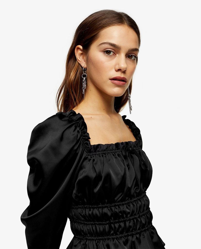TOPSHOP - Áo kiểu nữ cổ vuông tay dài PETITE Black Satin Gather Prairie