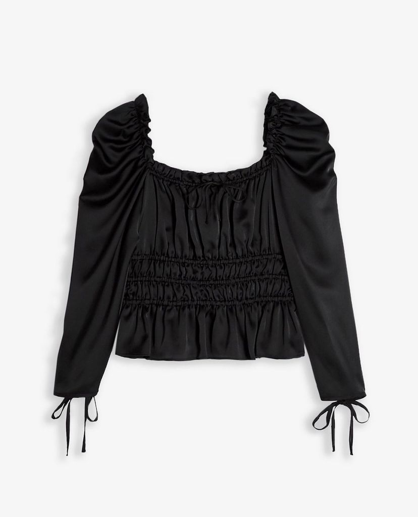 TOPSHOP - Áo kiểu nữ cổ vuông tay dài PETITE Black Satin Gather Prairie