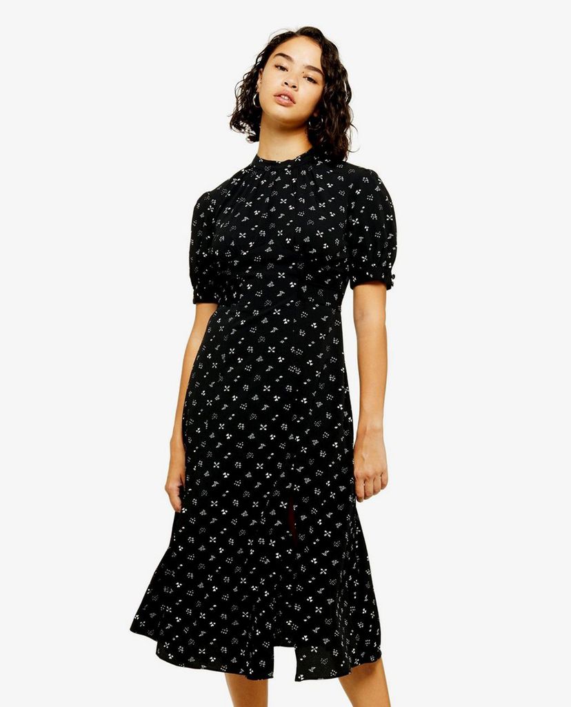 TOPSHOP - Đầm midi ngắn tay xẻ tà PETITE Black Conversational