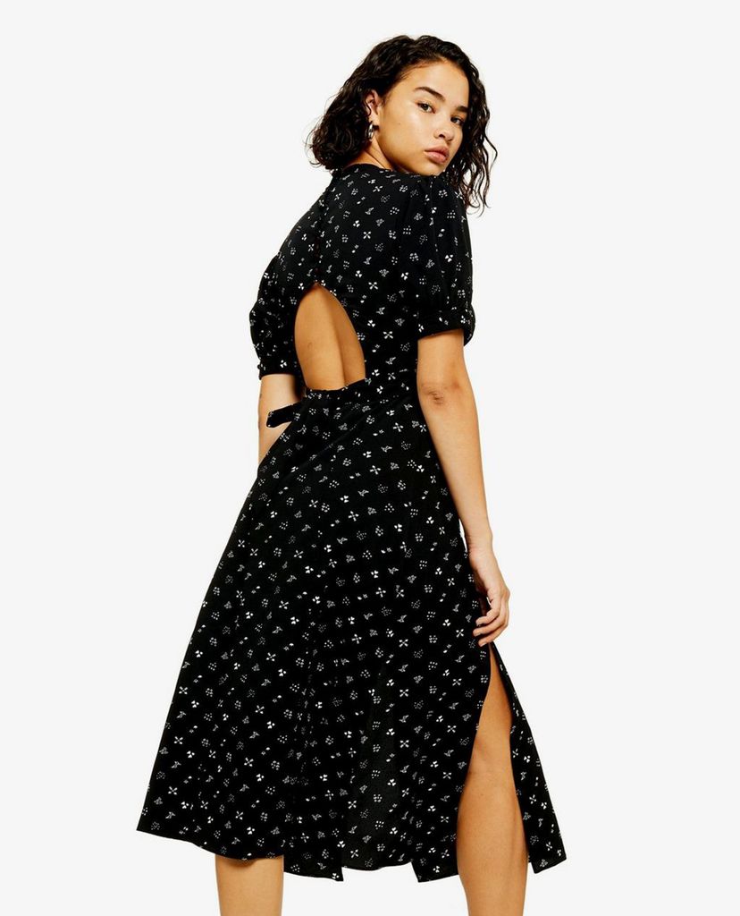 TOPSHOP - Đầm midi ngắn tay xẻ tà PETITE Black Conversational