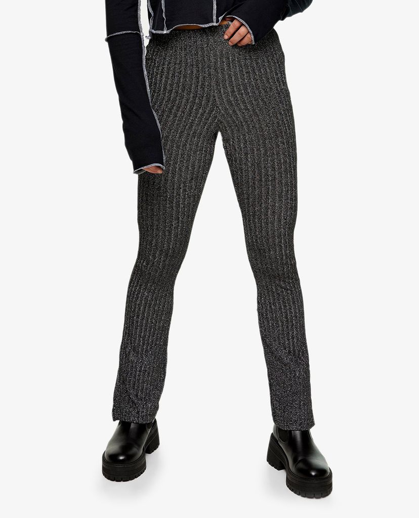 TOPSHOP - Quần kiểu nữ ống loe PETITE Black Glitter Ribbed Flared