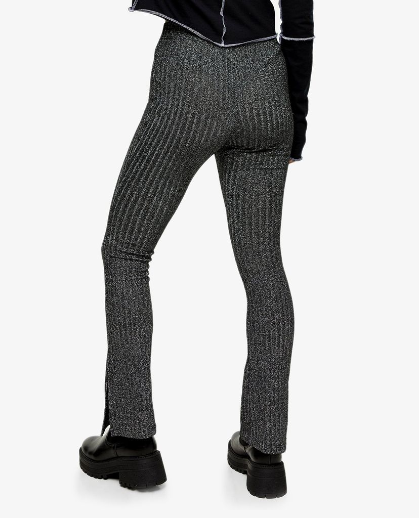 TOPSHOP - Quần kiểu nữ ống loe PETITE Black Glitter Ribbed Flared