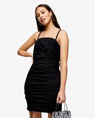 TOPSHOP - Đầm mini hai dây phom ôm PETITE Black Ruched