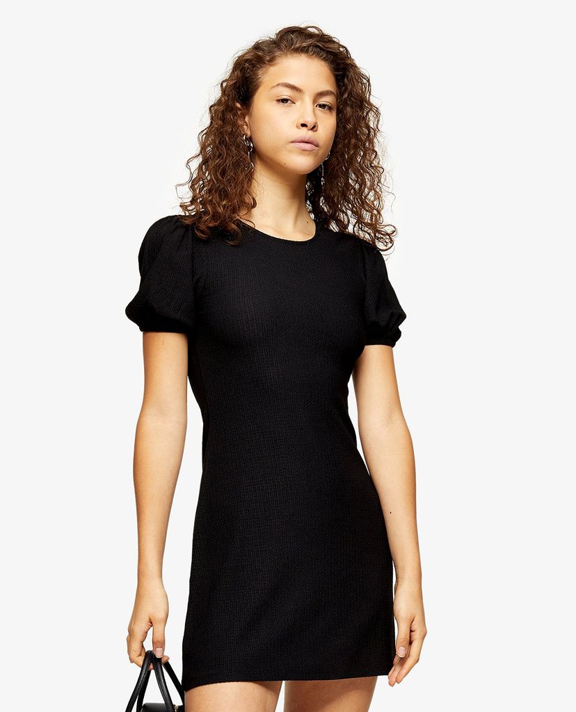 TOPSHOP - Đầm mini cổ tròn tay ngắn phom ôm PETITE Black Crinkle Puff Sleeve