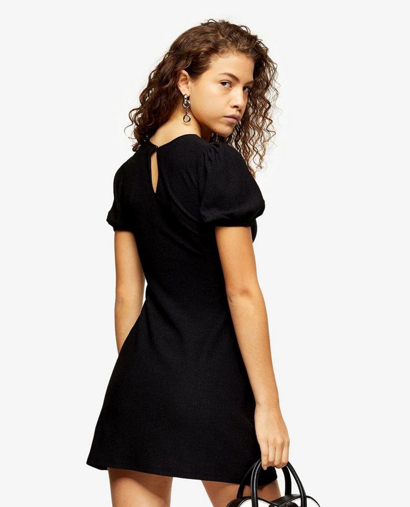 TOPSHOP - Đầm mini cổ tròn tay ngắn phom ôm PETITE Black Crinkle Puff Sleeve