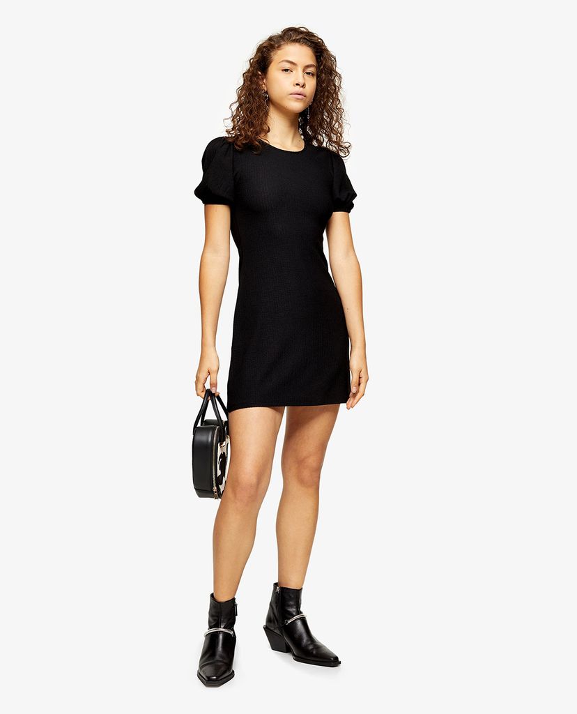 TOPSHOP - Đầm mini cổ tròn tay ngắn phom ôm PETITE Black Crinkle Puff Sleeve