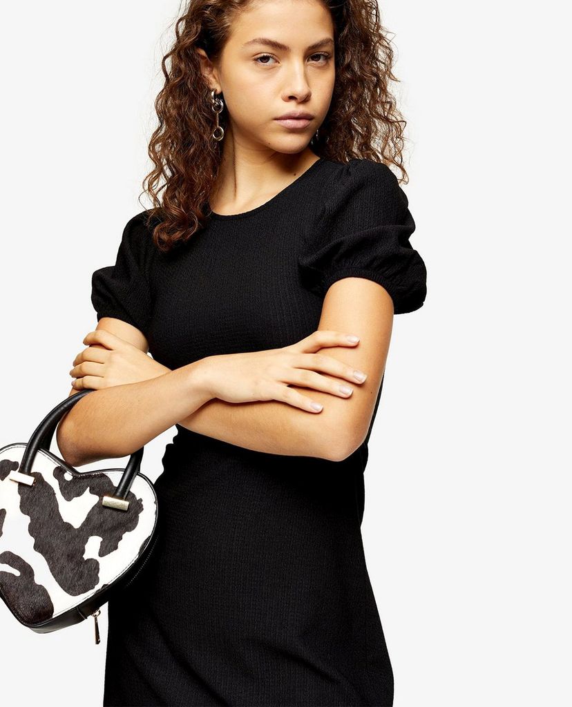 TOPSHOP - Đầm mini cổ tròn tay ngắn phom ôm PETITE Black Crinkle Puff Sleeve