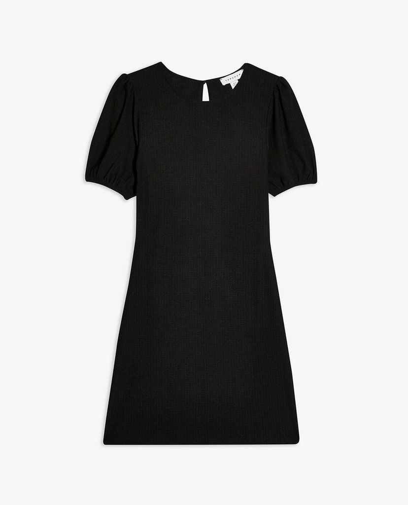 TOPSHOP - Đầm mini cổ tròn tay ngắn phom ôm PETITE Black Crinkle Puff Sleeve