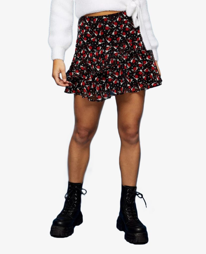 TOPSHOP - Chân váy mini PETITE Black Floral Print Flippy