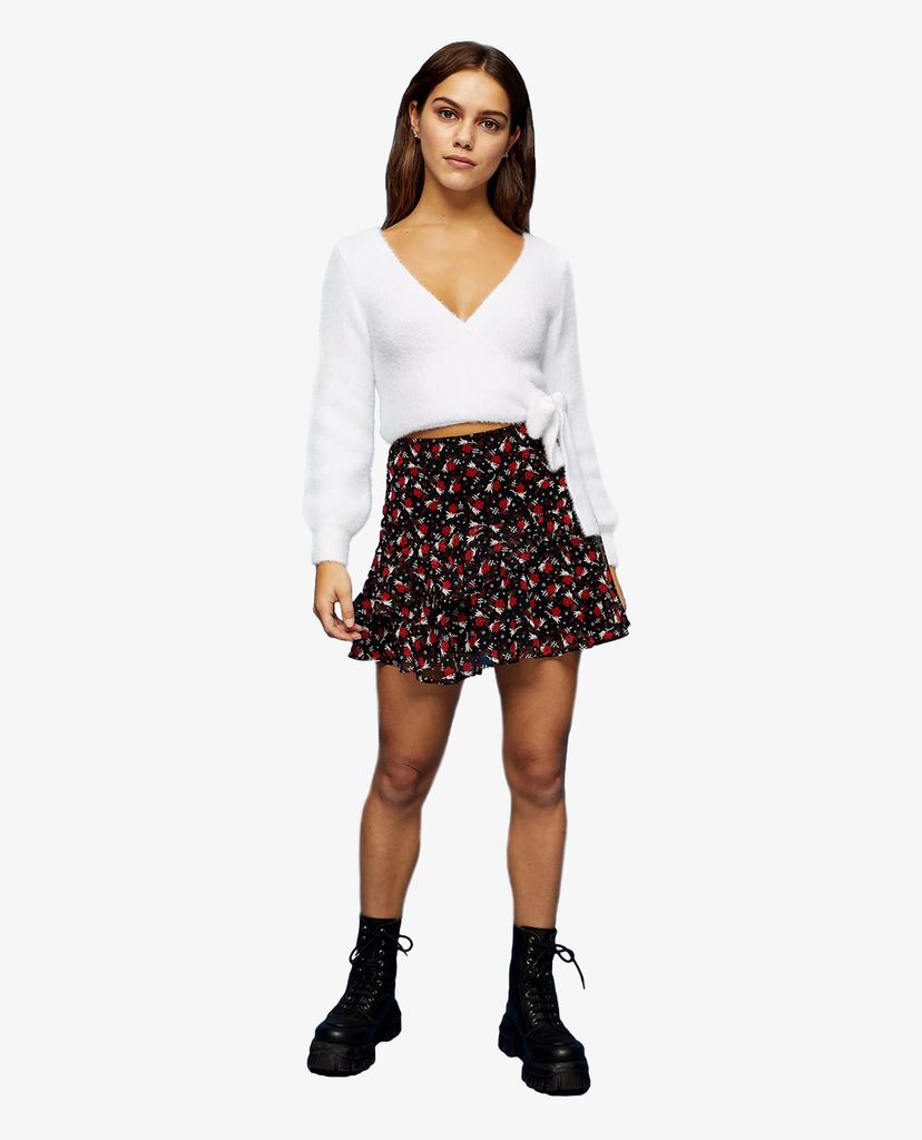 TOPSHOP - Chân váy mini PETITE Black Floral Print Flippy