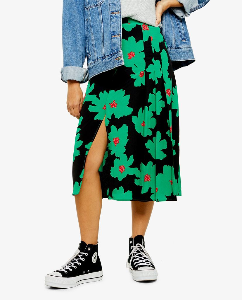 TOPSHOP - Chân váy midi xẻ tà PETITE Green And Black Floral Pleat