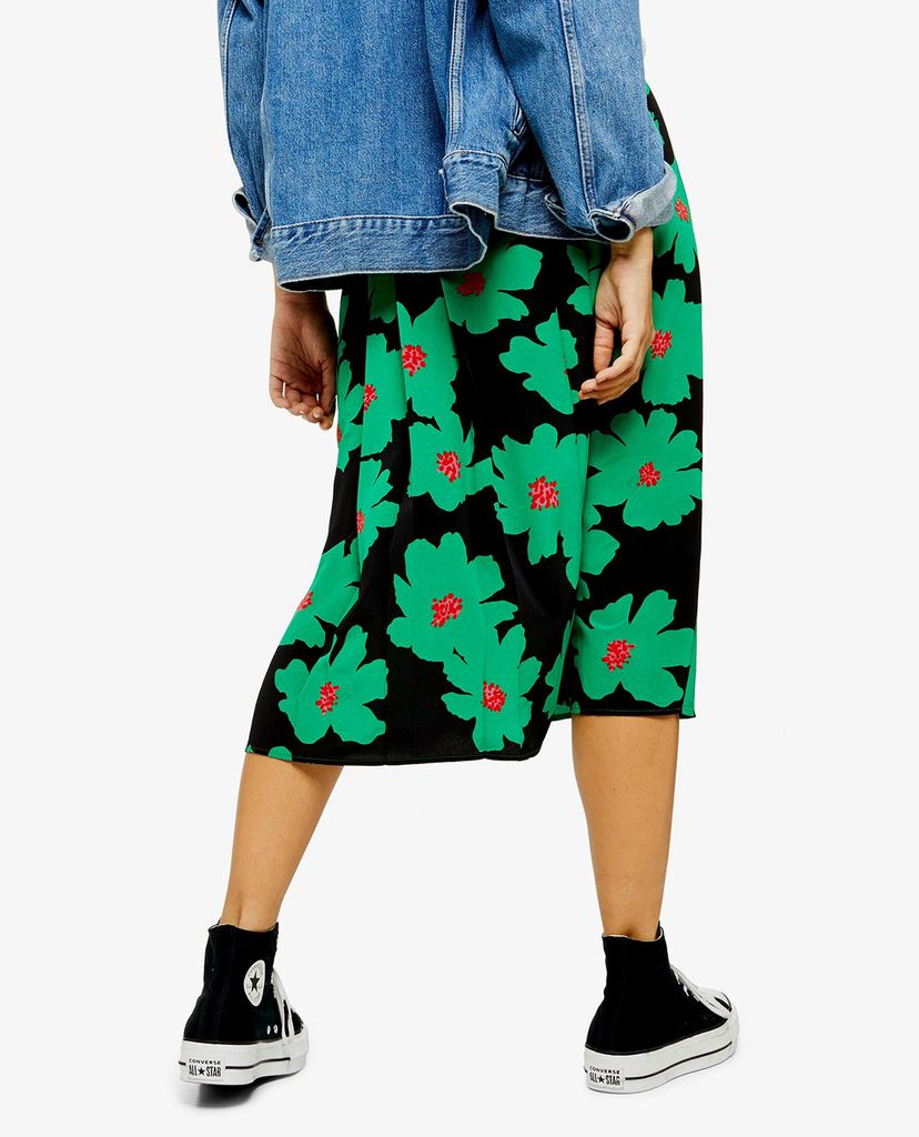 TOPSHOP - Chân váy midi xẻ tà PETITE Green And Black Floral Pleat