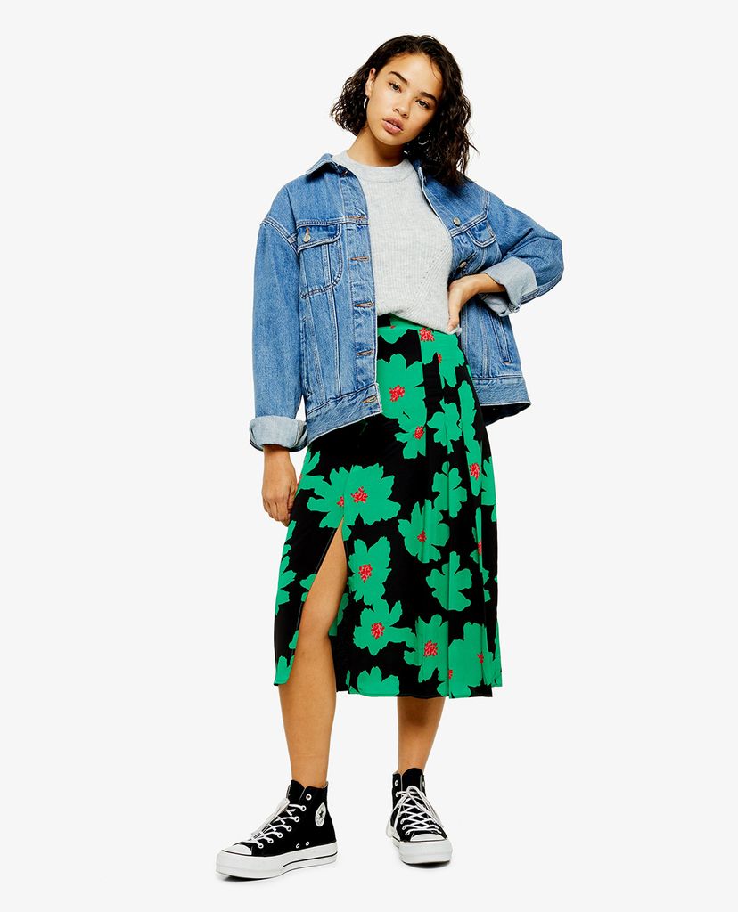 TOPSHOP - Chân váy midi xẻ tà PETITE Green And Black Floral Pleat