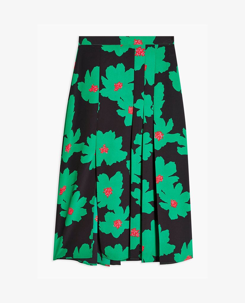 TOPSHOP - Chân váy midi xẻ tà PETITE Green And Black Floral Pleat