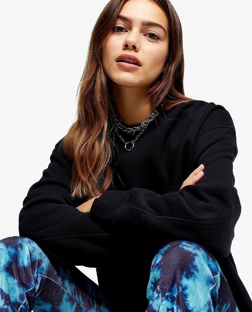 TOPSHOP - Áo sweatshirt nữ cổ tròn tay dài Black Flatlock Oversized