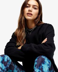 TOPSHOP - Áo sweatshirt nữ cổ tròn tay dài Black Flatlock Oversized