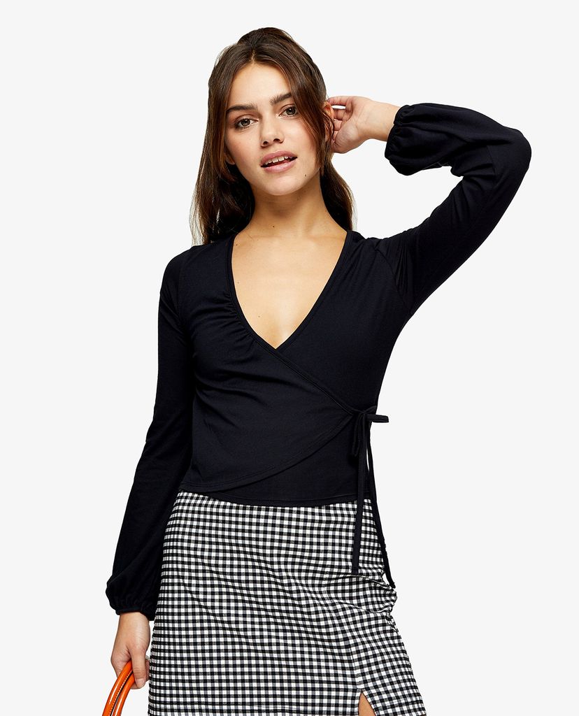 TOPSHOP - Áo kiểu nữ cổ V Black Long Sleeve Ballet Wrap