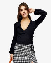 TOPSHOP - Áo kiểu nữ cổ V Black Long Sleeve Ballet Wrap
