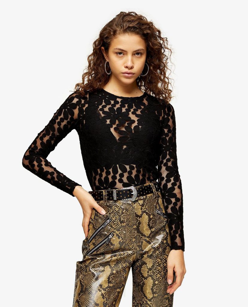 TOPSHOP - Áo kiểu nữ cổ tròn tay dài PETITE Black Daisy Print Lace
