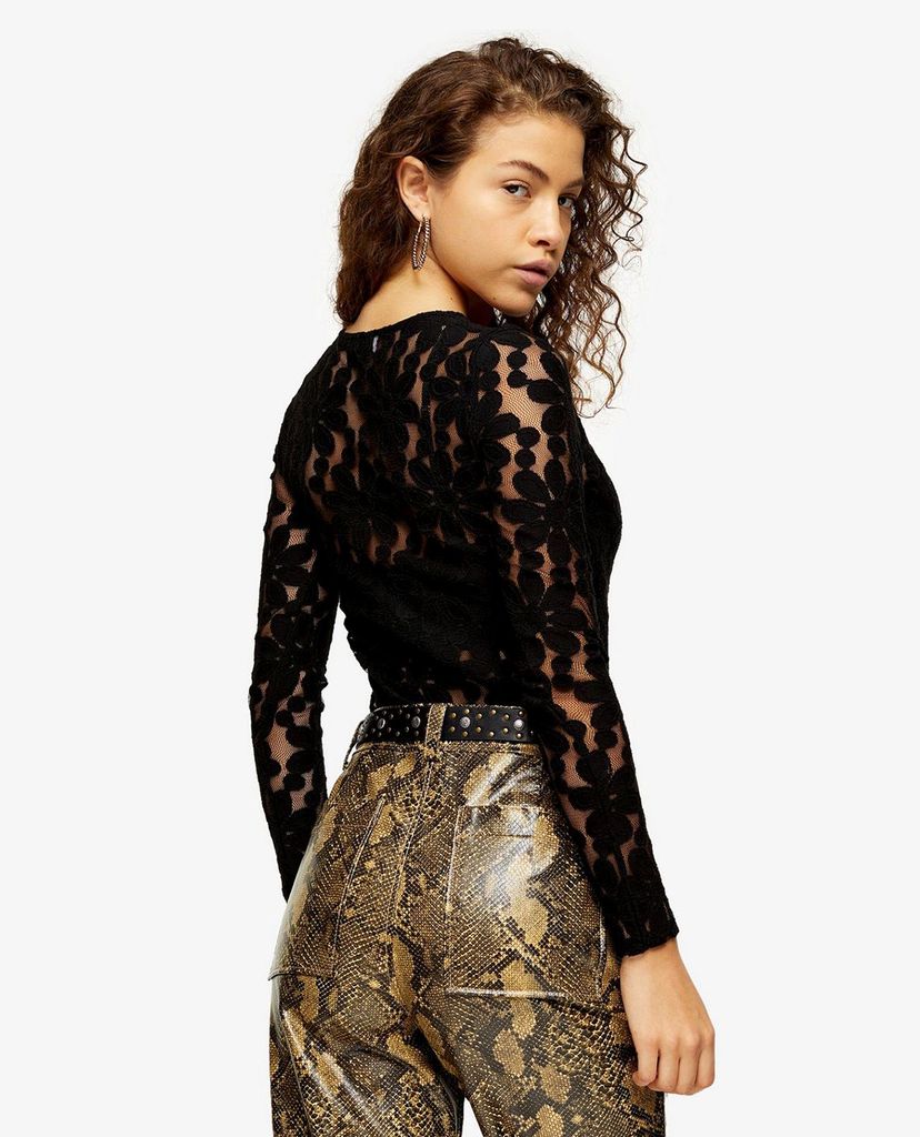 TOPSHOP - Áo kiểu nữ cổ tròn tay dài PETITE Black Daisy Print Lace