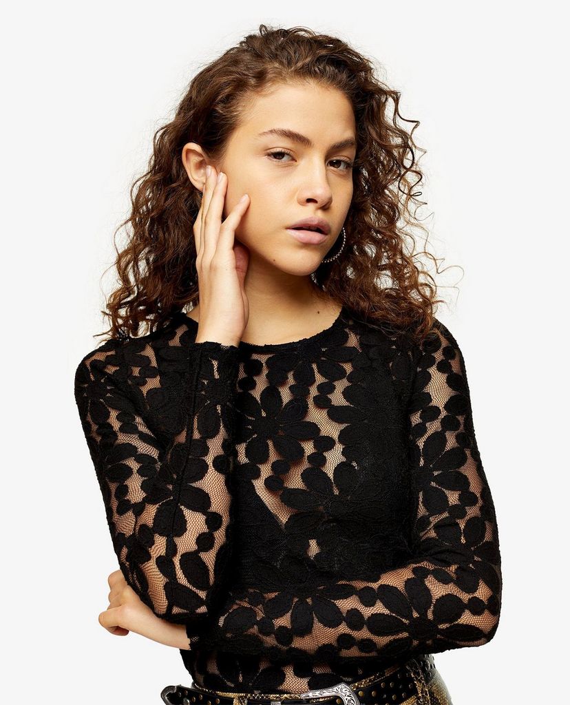 TOPSHOP - Áo kiểu nữ cổ tròn tay dài PETITE Black Daisy Print Lace