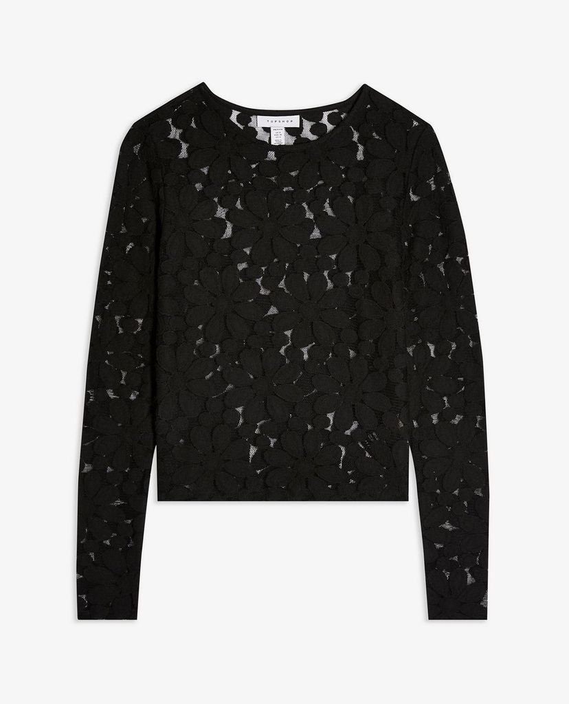 TOPSHOP - Áo kiểu nữ cổ tròn tay dài PETITE Black Daisy Print Lace