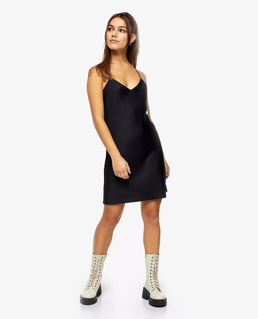 TOPSHOP - Đầm mini hai dây PETITE Black Satin Slip