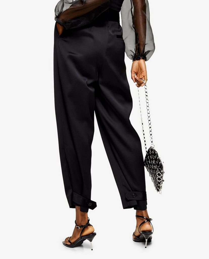 TOPSHOP - Quần kiểu nữ lưng cao Black Satin Button Hem Peg