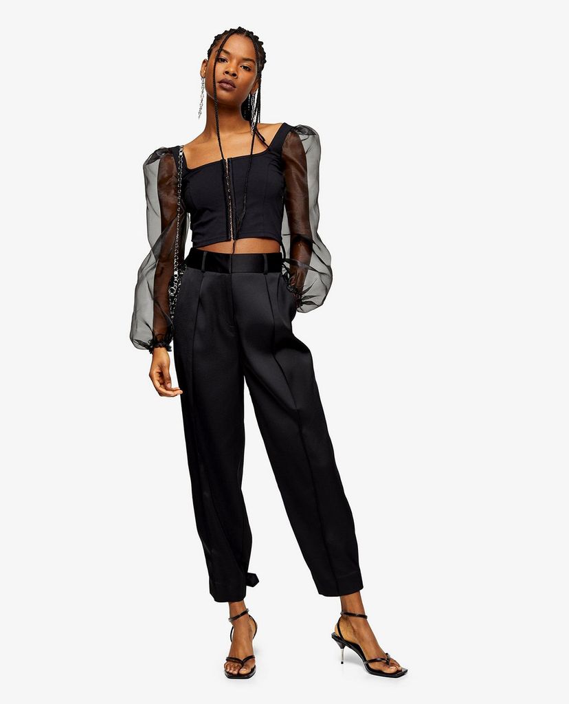 TOPSHOP - Quần kiểu nữ lưng cao Black Satin Button Hem Peg