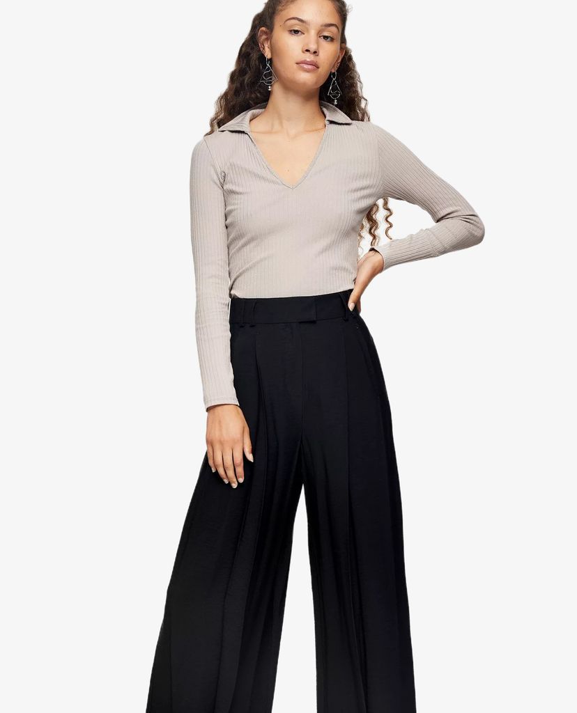 TOPSHOP - Quần kiểu nữ ống rộng Black Wide Leg Pleated