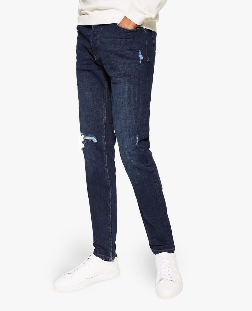 TOPMAN - Quần jeans nam rách gối Dark Wash Stretch