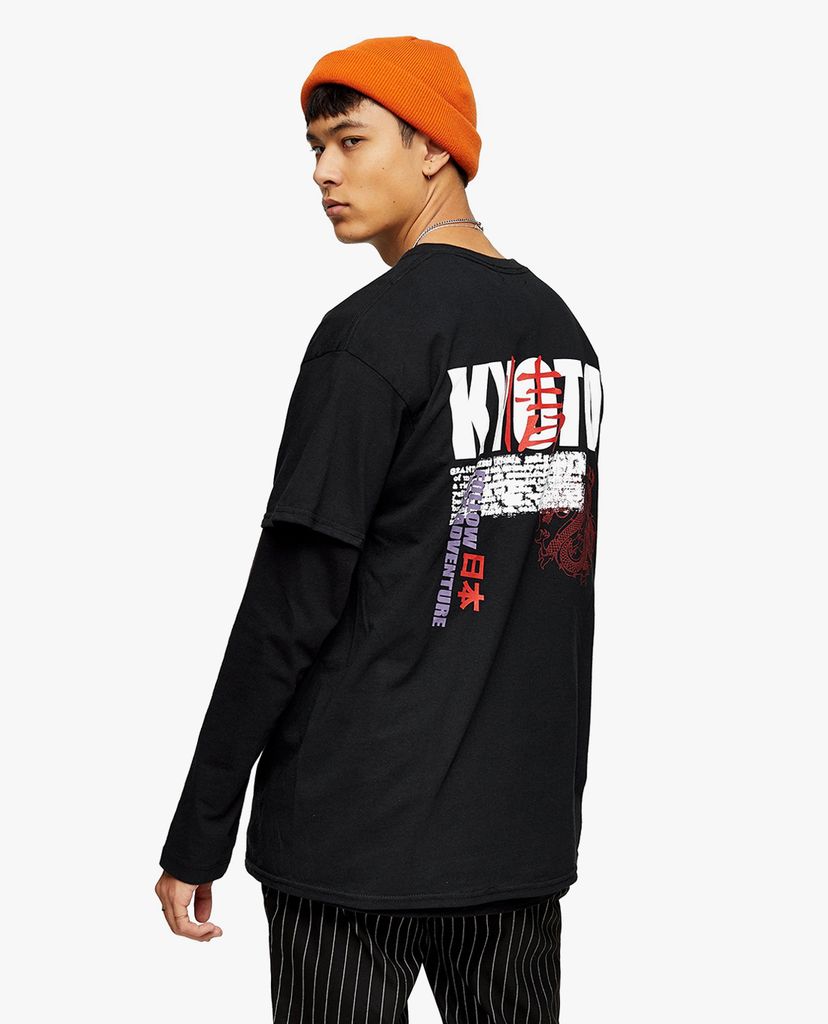 TOPMAN - Áo thun nam cổ tròn tay ngắn Black Kyoto