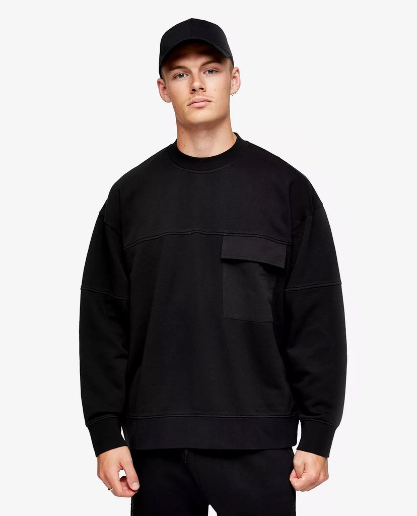 TOPMAN - Áo sweatshirt cổ tròn dài tay Black Twill Pocket Cargo