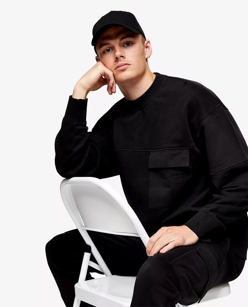 TOPMAN - Áo sweatshirt cổ tròn dài tay Black Twill Pocket Cargo